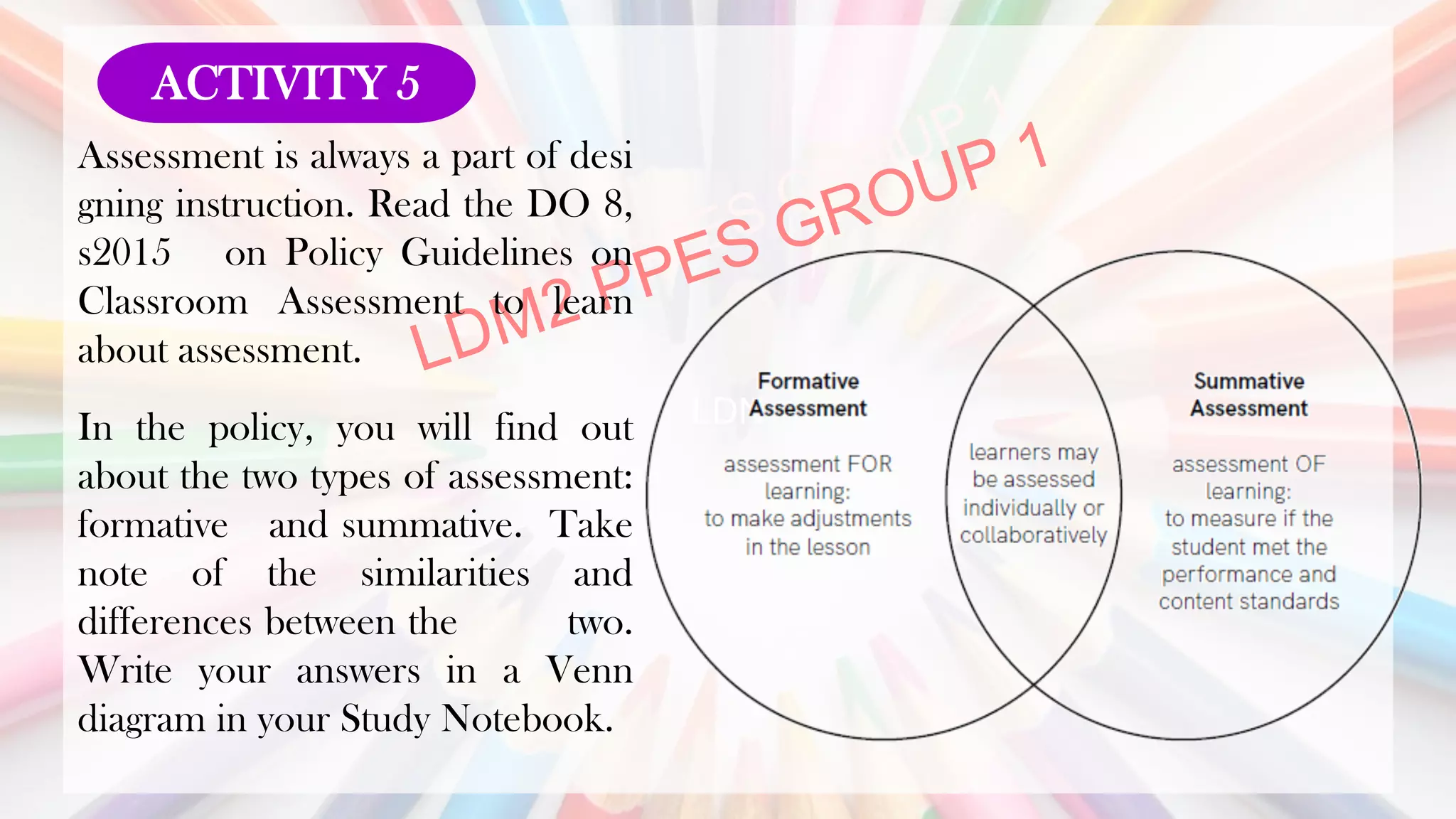 LDN
Assessment is always a part of desi
gning instruction. Read the DO 8,
s2015 on Policy Guidelines on
Classroom Assessment to learn
about assessment.
In the policy, you will find out
about the two types of assessment:
formative and summative. Take
note of the similarities and
differences between the two.
Write your answers in a Venn
diagram in your Study Notebook.
ACTIVITY 5
 