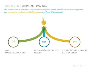 Het ontwikkelen in de context van en in aanwezigheid van de wereld van paarden zorgt voor 
een katalysatie van het ontwikkelingsproces met hoge ROI als gevolg. 
01 02 03 
© Duarte, Inc. 2014 12 
VOORDELEN TRAINING MET PAARDEN 
HOOG 
BEWUSTZIJNSNIVEAU 
STERKE MOTIVATIE OM TE 
BLIJVEN LEREN 
INTENSIFIËRING VAN HET 
PROCES 
Playtoday © 2014 
 