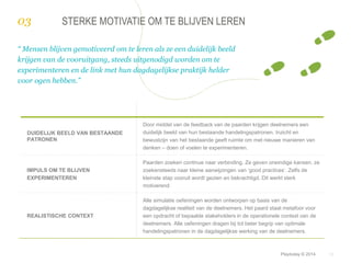 © Duarte, Inc. 2014 15 
STERKE MOTIVATIE OM TE BLIJVEN LEREN 
“ Mensen blijven gemotiveerd om te leren als ze een duidelijk beeld 
krijgen van de vooruitgang, steeds uitgenodigd worden om te 
experimenteren en de link met hun dagdagelijkse praktijk helder 
voor ogen hebben.” 
DUIDELIJK BEELD VAN BESTAANDE 
PATRONEN 
Door middel van de feedback van de paarden krijgen deelnemers een 
duidelijk beeld van hun bestaande handelingspatronen. Inzicht en 
bewustzijn van het bestaande geeft ruimte om met nieuwe manieren van 
denken – doen of voelen te experimenteren. 
IMPULS OM TE BLIJVEN 
EXPERIMENTEREN 
Paarden zoeken continue naar verbinding. Ze geven oneindige kansen, ze 
zoekensteeds naar kleine aanwijzingen van ‘good practices’. Zelfs de 
kleinste stap vooruit wordt gezien en bekrachtigd. Dit werkt sterk 
motiverend 
REALISTISCHE CONTEXT 
Alle simulatie oefeningen worden ontworpen op basis van de 
dagdagelijkse realiteit van de deelnemers. Het paard staat metafoor voor 
een opdracht of bepaalde stakeholders in de operationele context van de 
deelnemers. Alle oefeningen dragen bij tot beter begrip van optimale 
handelingspatronen in de dagdagelijkse werking van de deelnemers. 
Playtoday © 2014 
03 
 