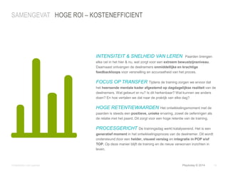 © Duarte, Inc. 2014 16 
SAMENGEVAT HOGE ROI – KOSTENEFFICIENT 
INTENSITEIT & SNELHEID VAN LEREN Paarden brengen 
elke cel in het hier & nu, wat zorgt voor een extreem bewustzijnsniveau. 
Daarnaast ontvangen de deelnemers onmiddellijke en krachtige 
feedbackloops voor versnelling en accuraatheid van het proces. 
FOCUS OP TRANSFER Tijdens de training zorgen we ervoor dat 
het heersende mentale kader afgestemd op dagdagelijkse realiteit van de 
deelnemers. Wat gebeurt er nu? Is dit herkenbaar? Wat kunnen we anders 
doen? En hoe vertalen we dat naar de praktijk van elke dag? 
HOGE RETENTIEWAARDEN Het ontwikkelingsmoment met de 
paarden is steeds een positieve, unieke ervaring, zowel de oefeningen als 
de relatie met het paard. Dit zorgt voor een hoge retentie van de training. 
PROCESGERICHT De trainingsdag werkt katalyserend. Het is een 
generatief moment in het ontwikkelingsproces van de deelnemer. Dit wordt 
ondersteund door een helder, visueel verslag en integratie in POP e/of 
TOP. Op deze manier blijft de training en de nieuw verworven inzichten in 
leven. 
Ontwikkelen met paarden Playtoday © 2014 
 