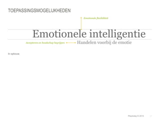 © Duarte, Inc. 2014 21 
TOEPASSINGSMOGELIJKHEDEN 
In opbouw. 
Accepteren en boodschap begrijpen 
Emotionele flexibiliteit 
Emotionele intelligentie 
Handelen voorbij de emotie 
Playtoday © 2014 
 