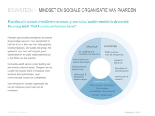 BOUWSTEEN 1 MINDSET EN SOCIALE ORGANISATIE VAN PAARDEN 
Paarden zijn sociale prooidieren en staan op een totaal andere manier in de wereld. 
De vraag luidt ‘Wat kunnen we hiervan leren?’ 
© Duarte, Inc. 2014 9 
Paarden zijn sociale prooidieren en uiterst 
fijngevoelige wezens. Hun sensitiviteit in 
het hier & nu is één van hun belangrijkste 
overlevingstools. De kudde, de groep, het 
geheel is voor hen het hoogste goed, 
samenwerken in totale verbondenheid zit 
in het DNA van elk teamlid. 
De kudde werkt samen onder leiding van 
een meritocratische leider. Diegene die de 
kudde het meeste dient. Er bestaat niets 
anderes dan authentieke, open 
communicatie tussen de kuddeleden. 
Een mindset en sociale organisatie die 
hen al miljoenen jaren helpt om te 
overleven. 
Ontwikkelen met paarden Playtoday © 2014 
 