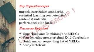 Key Topics/Concepts
unpack; curriculum standards;
essential learning competencies;
content standards;
performance standards
Resources Required
✓ Unpacking and Combining the MELCs
✓ Your learning area’s original K-12 Curriculum
Guide and corresponding list of MELCs
✓ Study Notebook
 