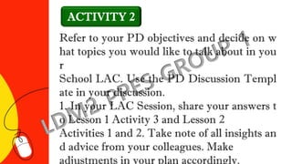 Refer to your PD objectives and decide on w
hat topics you would like to talk about in you
r
School LAC. Use the PD Discussion Templ
ate in your discussion.
1. In your LAC Session, share your answers t
o Lesson 1 Activity 3 and Lesson 2
Activities 1 and 2. Take note of all insights an
d advice from your colleagues. Make
adjustments in your plan accordingly.
ACTIVITY 2
 