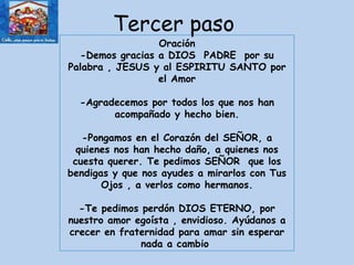 Tercer paso  Oración -Demos gracias a DIOS  PADRE  por su Palabra , JESUS y al ESPIRITU SANTO por el Amor -Agradecemos por todos los que nos han acompañado y hecho bien. -Pongamos en el Corazón del SEÑOR, a quienes nos han hecho daño, a quienes nos cuesta querer. Te pedimos SEÑOR  que los bendigas y que nos ayudes a mirarlos con Tus Ojos , a verlos como hermanos. -Te pedimos perdón DIOS ETERNO, por nuestro amor egoísta , envidioso. Ayúdanos a crecer en fraternidad para amar sin esperar nada a cambio  