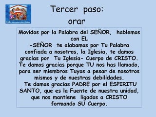 Tercer  paso:  orar  Movidos por la Palabra del SEÑOR,  hablemos con EL -SEÑOR  te alabamos por Tu Palabra confiada a nosotros, la Iglesia, te damos gracias por  Tu Iglesia- Cuerpo de CRISTO. Te damos gracias porque TU nos has llamado, para ser miembros Tuyos a pesar de nosotros mismos y de nuestras debilidades. Te damos gracias PADRE por el ESPIRITU SANTO, que es la Fuente de nuestra unidad, que nos mantiene  ligados a CRISTO formando SU Cuerpo. 