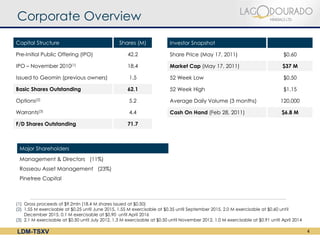 Corporate Overview
Capital Structure                                 Shares (M)              Investor Snapshot

Pre-Initial Public Offering (IPO)                     42.2                Share Price (May 17, 2011)                              $0.60

IPO – November 2010(1)                                18.4                Market Cap (May 17, 2011)                              $37 M

Issued to Geomin (previous owners)                     1.5                52 Week Low                                             $0.50

Basic Shares Outstanding                              62.1                52 Week High                                            $1.15

Options(2)                                             5.2                Average Daily Volume (3 months)                       120,000

Warrants(3)                                            4.4                Cash On Hand (Feb 28, 2011)                            $6.8 M

F/D Shares Outstanding                                71.7



 Major Shareholders
 Management & Directors (11%)
 Rosseau Asset Management (23%)
 Pinetree Capital



(1) Gross proceeds of $9.2mln (18.4 M shares issued at $0.50)
(2) 1.55 M exercisable at $0.25 until June 2015, 1.55 M exercisable at $0.35 until September 2015, 2.0 M exercisable at $0.60 until
    December 2015, 0.1 M exercisable at $0.90 until April 2016
(3) 2.1 M exercisable at $0.50 until July 2012, 1.3 M exercisable at $0.50 until November 2012, 1.0 M exercisable at $0.91 until April 2014

LDM-TSXV                                                                                                                                      4
 