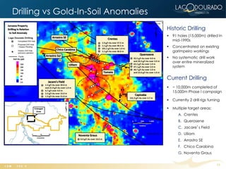 Drilling vs Gold-In-Soil Anomalies
                                     Historic Drilling
                                        91 holes (15,000m) drilled in
                                         mid-1990s
                                        Concentrated on existing
                                         garimpeiro workings
                                        No systematic drill work
                                         over entire mineralized
                                         system


                                     Current Drilling
                                        ~ 10,000m completed of
                                         15,000m Phase I campaign

                                        Currently 2 drill rigs turning

                                        Multiple target areas:
                                            A. Crentes
                                            B. Querosene
                                            C. Jacare’s Field
                                            D. Uiliam
                                            E. Arrastro SE
                                            F. Chico Carabina
                                            G. Noventa Graus


                                                                     11
 