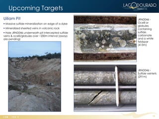 Upcoming Targets
Uiliam Pit                                            JRND046 -
 Massive sulfide mineralization on edge of a dyke    Ocelli or
                                                      globules
 Mineralized sheeted veins in volcanic rock          containing
 Hole JRND046 underneath pit intercepted sulfide     sulfide,
veins & ocelli/globules over ~200m interval (assays   carbonate
are pending)                                          and a white
                                                      feldspar
                                                      (413m)




                                                      JRND046 -
                                                      Sulfide veinlets
                                                      (291m)




                                                                  13
 