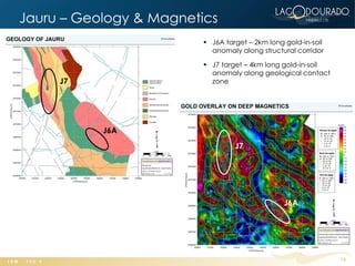 Jauru – Geology & Magnetics
                          J6A target – 2km long gold-in-soil
                           anomaly along structural corridor

                          J7 target – 4km long gold-in-soil
                           anomaly along geological contact
     J7                    zone




           J6A
                                  J7




                 J6B
                                                 J6A




                                                                18
 