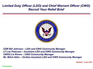 Unclassified
Limited Duty Officer (LDO) and Chief Warrant Officer (CWO)
Recruit Your Relief Brief
CDR Bill Johnson – LDO and CWO Community Manager
LT Leo Peterson – Assistant LDO and CWO Community Manager
CWO5 Liz Rivera – CWO Community Manager
Mr. Mitch Allen – Civilian Assistant LDO and CWO Community Manager
Updated: 9 July 2015
 