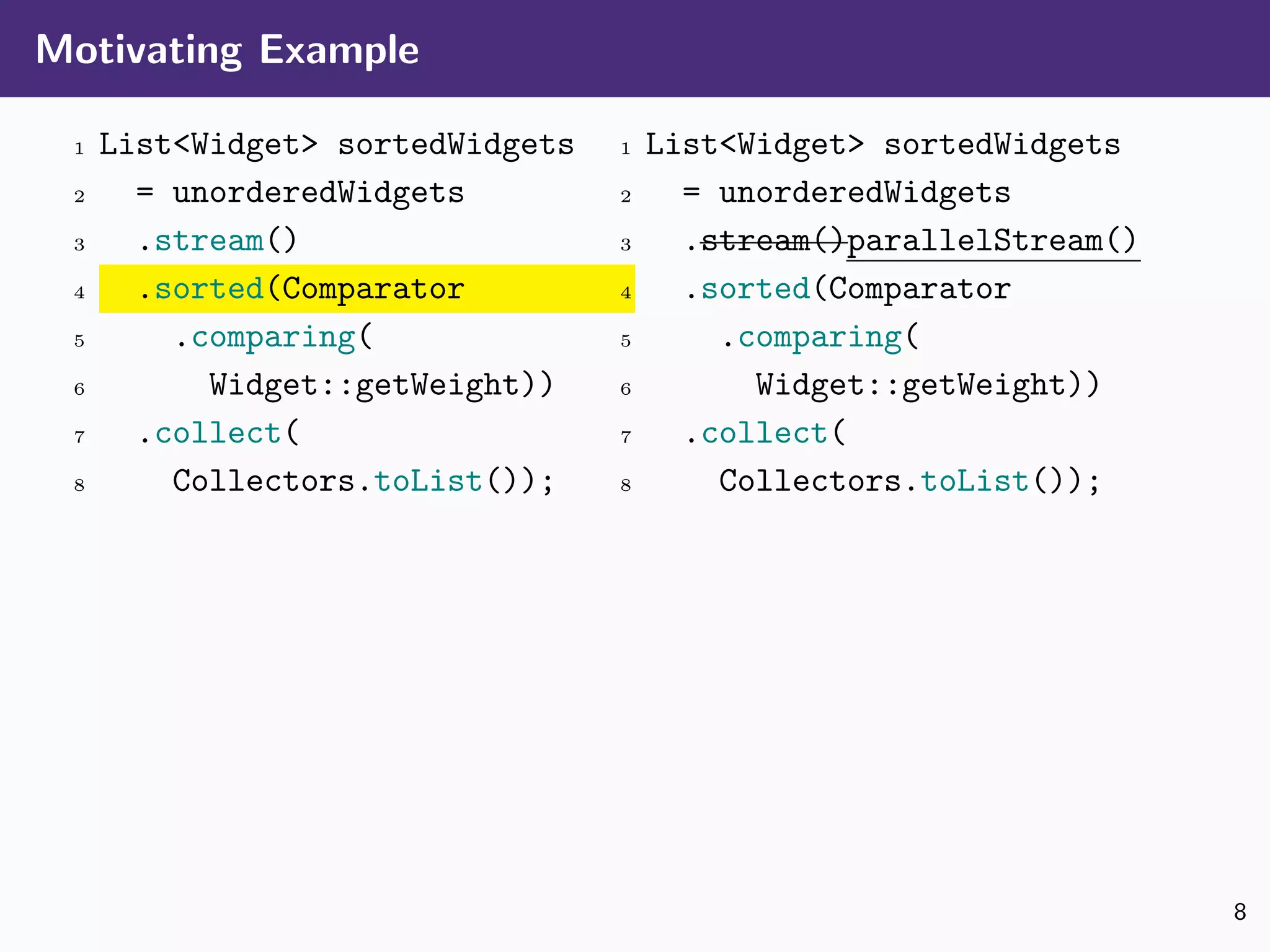 Motivating Example
1 List<Widget> sortedWidgets
2 = unorderedWidgets
3 .stream()
4 .sorted(Comparator
5 .comparing(
6 Widget::getWeight))
7 .collect(
8 Collectors.toList());
1 List<Widget> sortedWidgets
2 = unorderedWidgets
3 .stream()parallelStream()
4 .sorted(Comparator
5 .comparing(
6 Widget::getWeight))
7 .collect(
8 Collectors.toList());
8
 