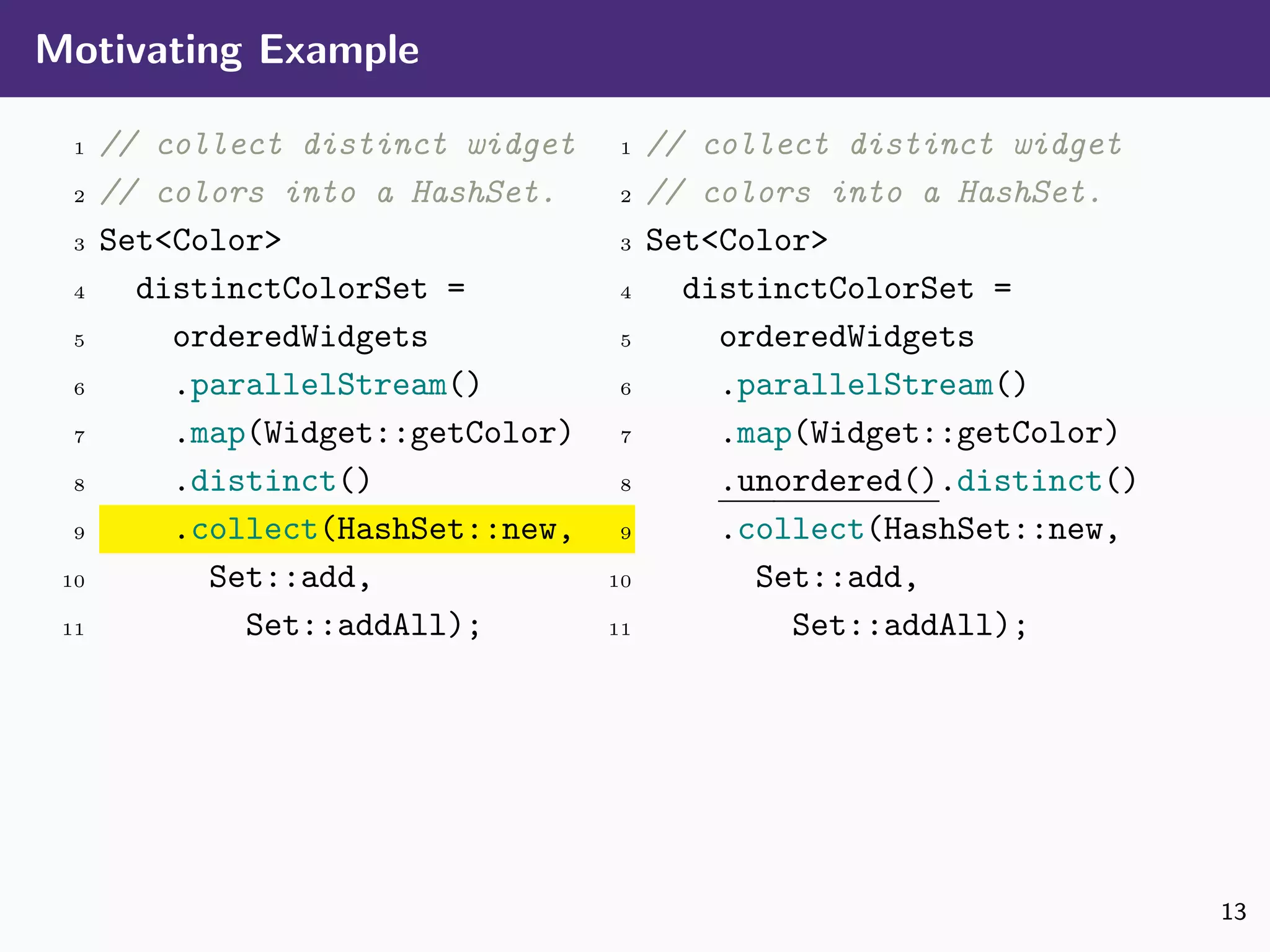Motivating Example
1 // collect distinct widget
2 // colors into a HashSet.
3 Set<Color>
4 distinctColorSet =
5 orderedWidgets
6 .parallelStream()
7 .map(Widget::getColor)
8 .distinct()
9 .collect(HashSet::new,
10 Set::add,
11 Set::addAll);
1 // collect distinct widget
2 // colors into a HashSet.
3 Set<Color>
4 distinctColorSet =
5 orderedWidgets
6 .parallelStream()
7 .map(Widget::getColor)
8 .unordered().distinct()
9 .collect(HashSet::new,
10 Set::add,
11 Set::addAll);
13
 