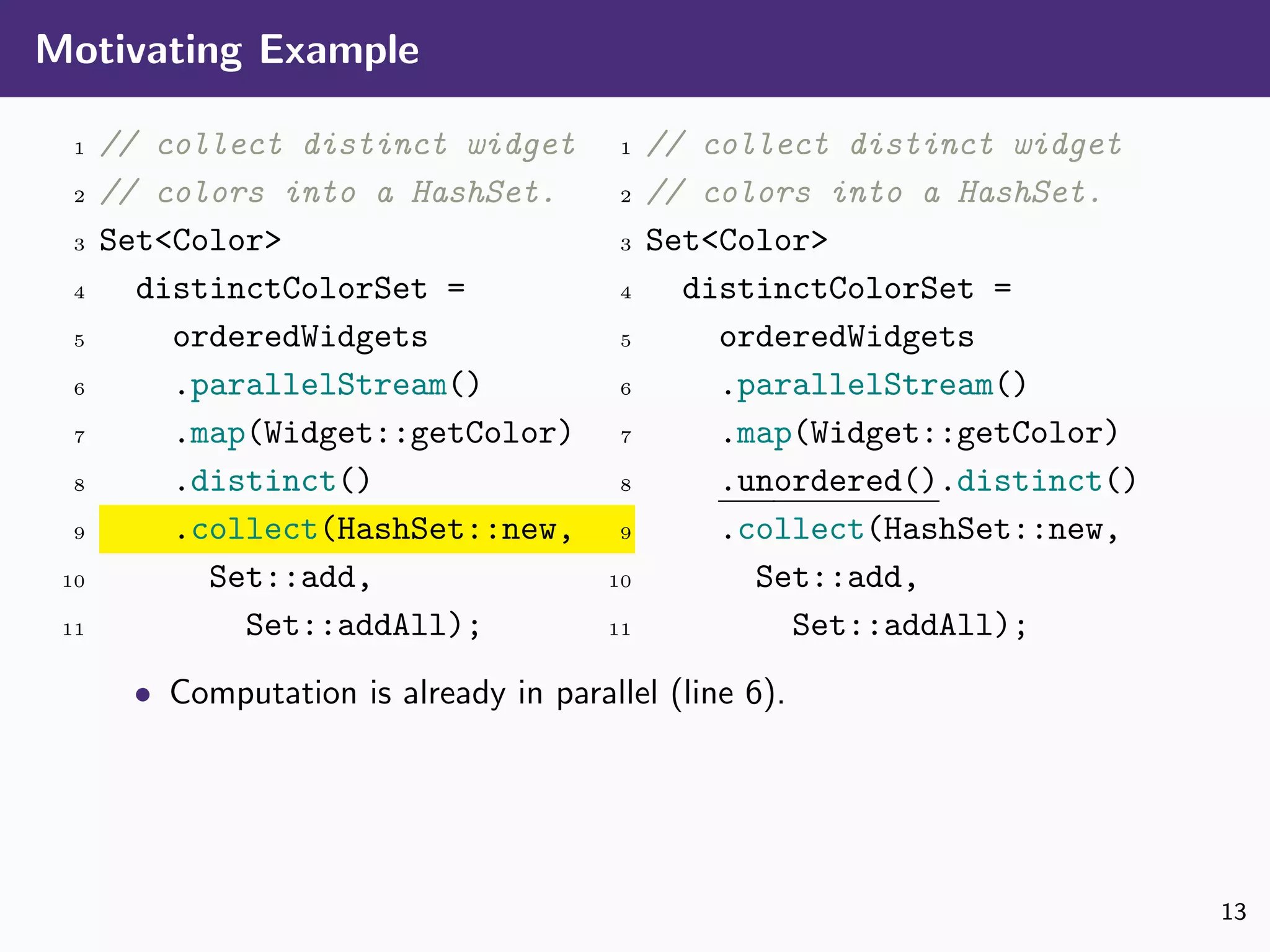 Motivating Example
1 // collect distinct widget
2 // colors into a HashSet.
3 Set<Color>
4 distinctColorSet =
5 orderedWidgets
6 .parallelStream()
7 .map(Widget::getColor)
8 .distinct()
9 .collect(HashSet::new,
10 Set::add,
11 Set::addAll);
1 // collect distinct widget
2 // colors into a HashSet.
3 Set<Color>
4 distinctColorSet =
5 orderedWidgets
6 .parallelStream()
7 .map(Widget::getColor)
8 .unordered().distinct()
9 .collect(HashSet::new,
10 Set::add,
11 Set::addAll);
• Computation is already in parallel (line 6).
13
 