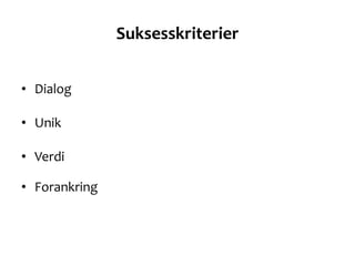 Suksesskriterier <ul><li>Dialog </li></ul><ul><li>Unik </li></ul><ul><li>Verdi </li></ul><ul><li>Forankring </li></ul>