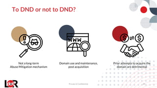 To DND or not to DND?
Private & Confidential 22
Not a long-term
Abuse Mitigation mechanism
Domain use and maintenance,
post acquisition
Prior attempts to acquire the
domain are detrimental
 