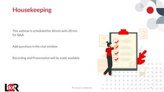 This webinar is scheduled for 60 min with 20 min
for Q&A
Add questions in the chat window
Recording and Presentation will be made available
Housekeeping
Private & Confidential 3
 