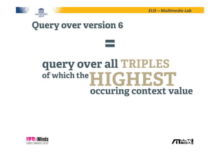 ELIS	
  –	
  Mul*media	
  Lab	
  
query over all TRIPLES
of which the
HIGHESToccuring context value
Query over version 6
=
 