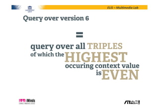 ELIS	
  –	
  Mul*media	
  Lab	
  
query over all TRIPLES
of which the
HIGHESToccuring context value
is
EVEN
=
Query over version 6
 