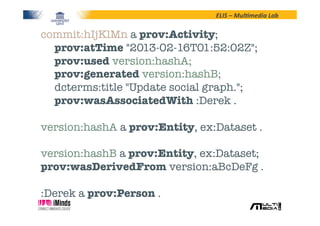 ELIS	
  –	
  Mul*media	
  Lab	
  
commit:hIjKlMn a prov:Activity;

 prov:atTime "2013-02-16T01:52:02Z";

 prov:used versio...