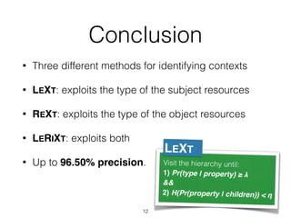 Conclusion
• Three different methods for identifying contexts
• LEXT: exploits the type of the subject resources
• REXT: e...