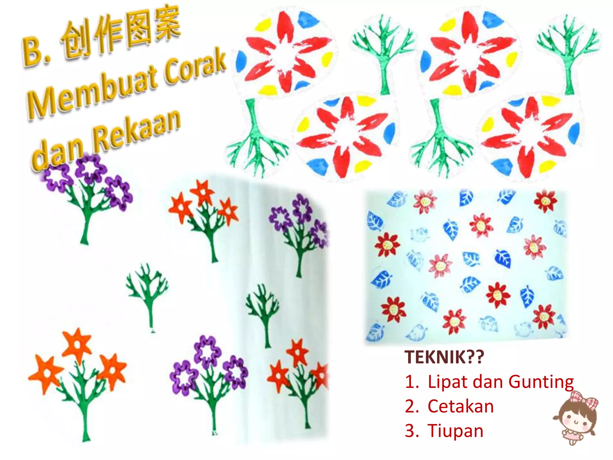 TEKNIK??
1. Lipat dan Gunting
2. Cetakan
3. Tiupan
 