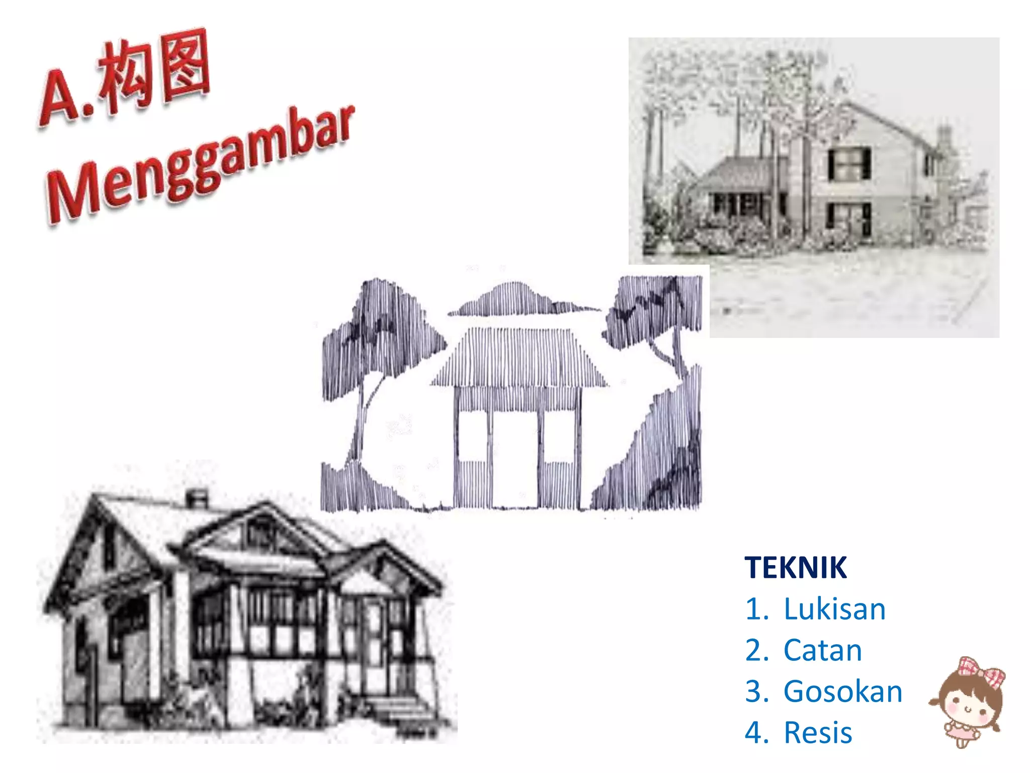 TEKNIK
1. Lukisan
2. Catan
3. Gosokan
4. Resis
 