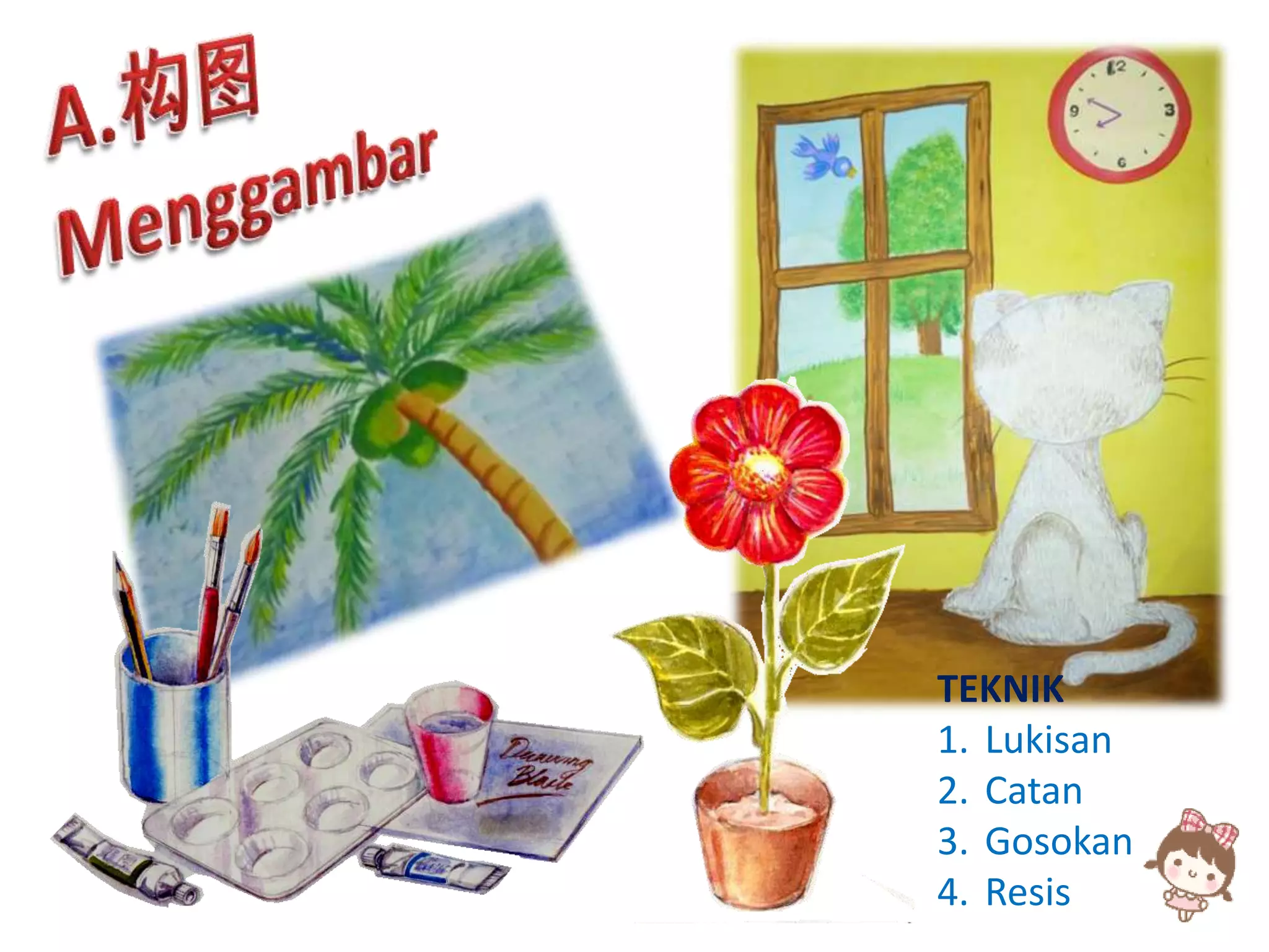 TEKNIK
1. Lukisan
2. Catan
3. Gosokan
4. Resis
 