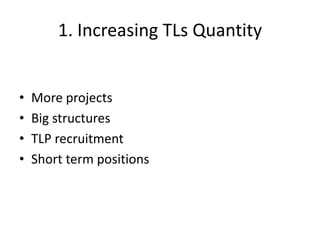 1. Increasing TLs Quantity


•   More projects
•   Big structures
•   TLP recruitment
•   Short term positions
 