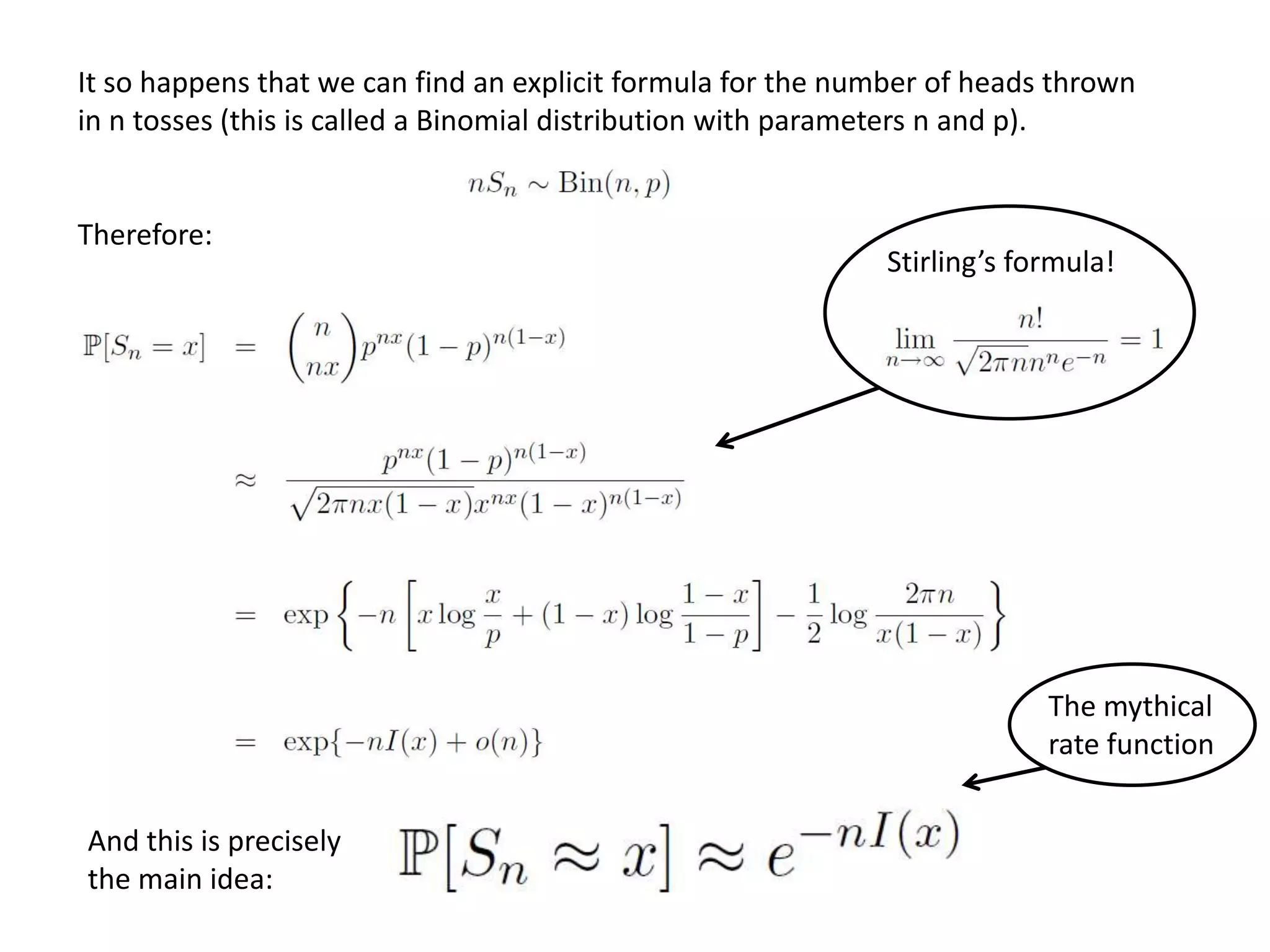 It so happens that we can find an explicit formula for the number of heads thrown
in n tosses (this is called a Binomial distribution with parameters n and p).
Therefore:
Stirling’s formula!
And this is precisely
the main idea:
The mythical
rate function
 