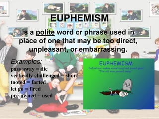 EUPHEMISM
Examples:
pass away = die
vertically challenged = short
tooted = farted
let go = fired
pre-owned = used
is a polite word or phrase used in
place of one that may be too direct,
unpleasant, or embarrassing.
 