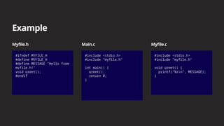 Example
Myfile.h
#ifndef MYFILE_H
#define MYFILE_H
#define MESSAGE "Hello from
myfile.h!"
void greet();
#endif
Main.c
#include <stdio.h>
#include "myfile.h"
int main() {
greet();
return 0;
}
Myfile.c
#include <stdio.h>
#include "myfile.h"
void greet() {
printf("%sn", MESSAGE);
}
 
