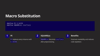 Macro Substitution
#define PI 3.14159
#define SQUARE(x) ((x)*(x))
1 PI
PI replaces every instance with
3.14159.
2 SQUARE(x)
SQUARE(x) becomes ((x)*(x))
after preprocessing.
3 Benefits
Improves readability and reduces
code repetition.
 