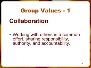 Group Values - 1
Collaboration

• Working with others in a common
  effort, sharing responsibility,
  authority, and accountability.



                                    38
 