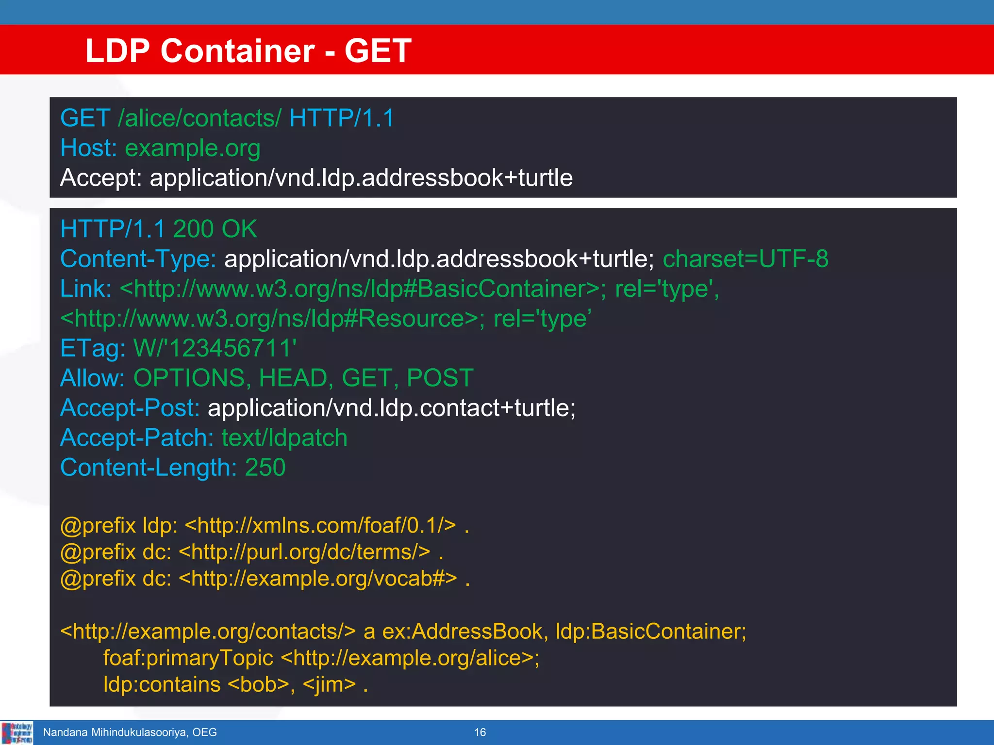 LDP Container - GET
16Nandana Mihindukulasooriya, OEG
GET /alice/contacts/ HTTP/1.1
Host: example.org
Accept: application/vnd.ldp.addressbook+turtle
HTTP/1.1 200 OK
Content-Type: application/vnd.ldp.addressbook+turtle; charset=UTF-8
Link: <http://www.w3.org/ns/ldp#BasicContainer>; rel='type',
<http://www.w3.org/ns/ldp#Resource>; rel='type’
ETag: W/'123456711'
Allow: OPTIONS, HEAD, GET, POST
Accept-Post: application/vnd.ldp.contact+turtle;
Accept-Patch: text/ldpatch
Content-Length: 250
@prefix ldp: <http://xmlns.com/foaf/0.1/> .
@prefix dc: <http://purl.org/dc/terms/> .
@prefix dc: <http://example.org/vocab#> .
<http://example.org/contacts/> a ex:AddressBook, ldp:BasicContainer;
foaf:primaryTopic <http://example.org/alice>;
ldp:contains <bob>, <jim> .
 