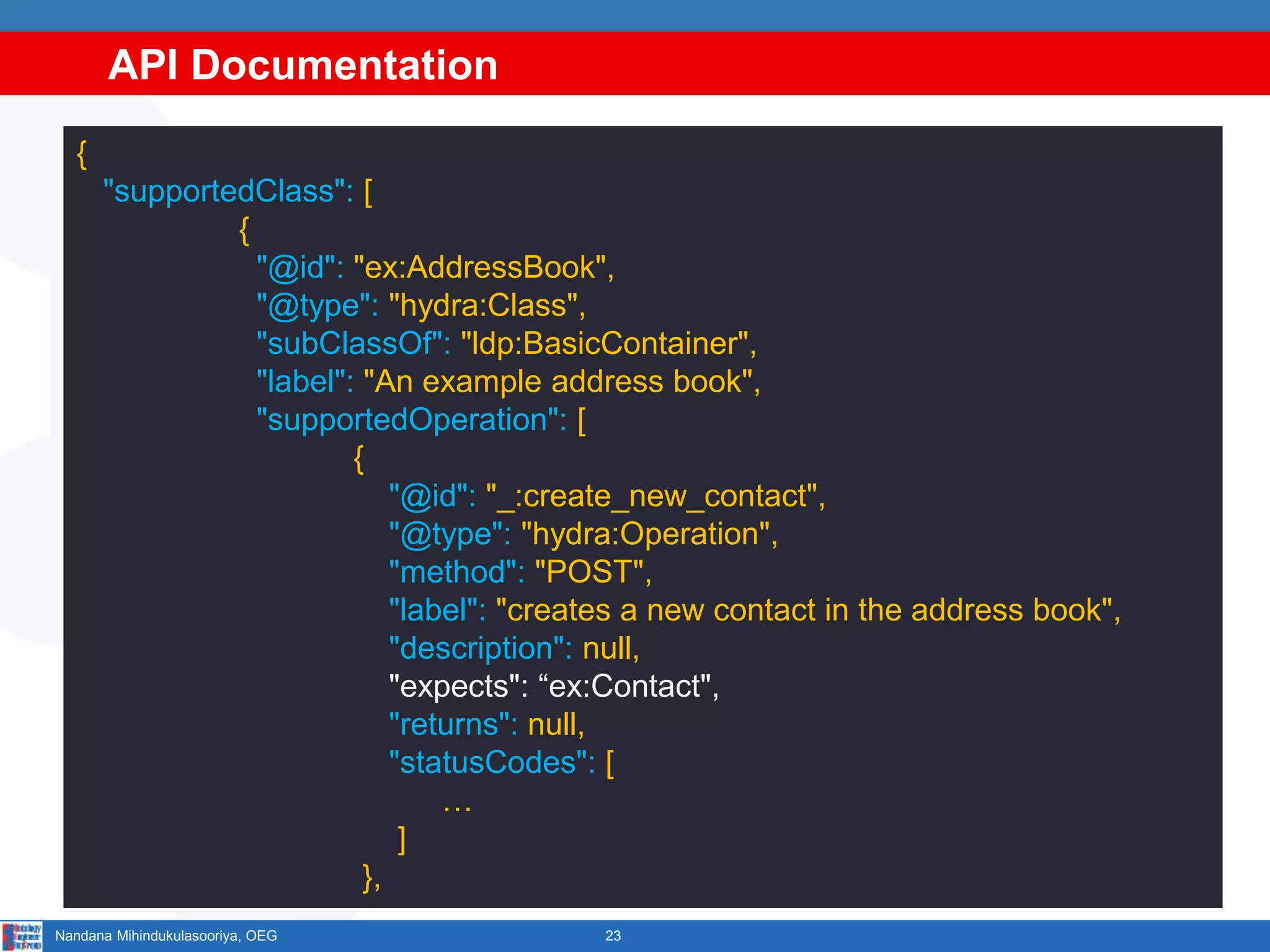 API Documentation
23Nandana Mihindukulasooriya, OEG
{
"supportedClass": [
{
"@id": "ex:AddressBook",
"@type": "hydra:Class",
"subClassOf": "ldp:BasicContainer",
"label": "An example address book",
"supportedOperation": [
{
"@id": "_:create_new_contact",
"@type": "hydra:Operation",
"method": "POST",
"label": "creates a new contact in the address book",
"description": null,
"expects": “ex:Contact",
"returns": null,
"statusCodes": [
…
]
},
 