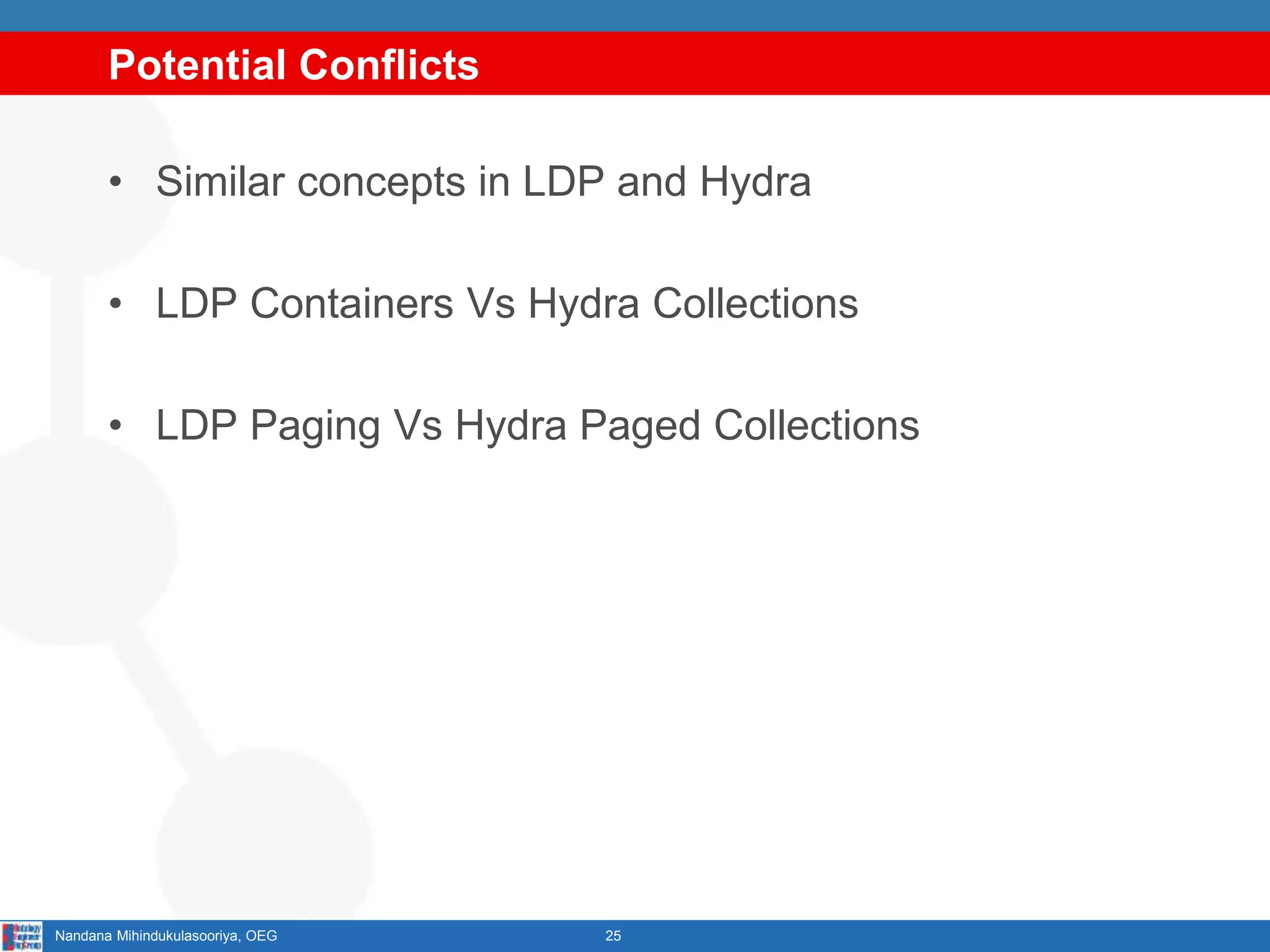Potential Conflicts
• Similar concepts in LDP and Hydra
• LDP Containers Vs Hydra Collections
• LDP Paging Vs Hydra Paged Collections
25Nandana Mihindukulasooriya, OEG
 