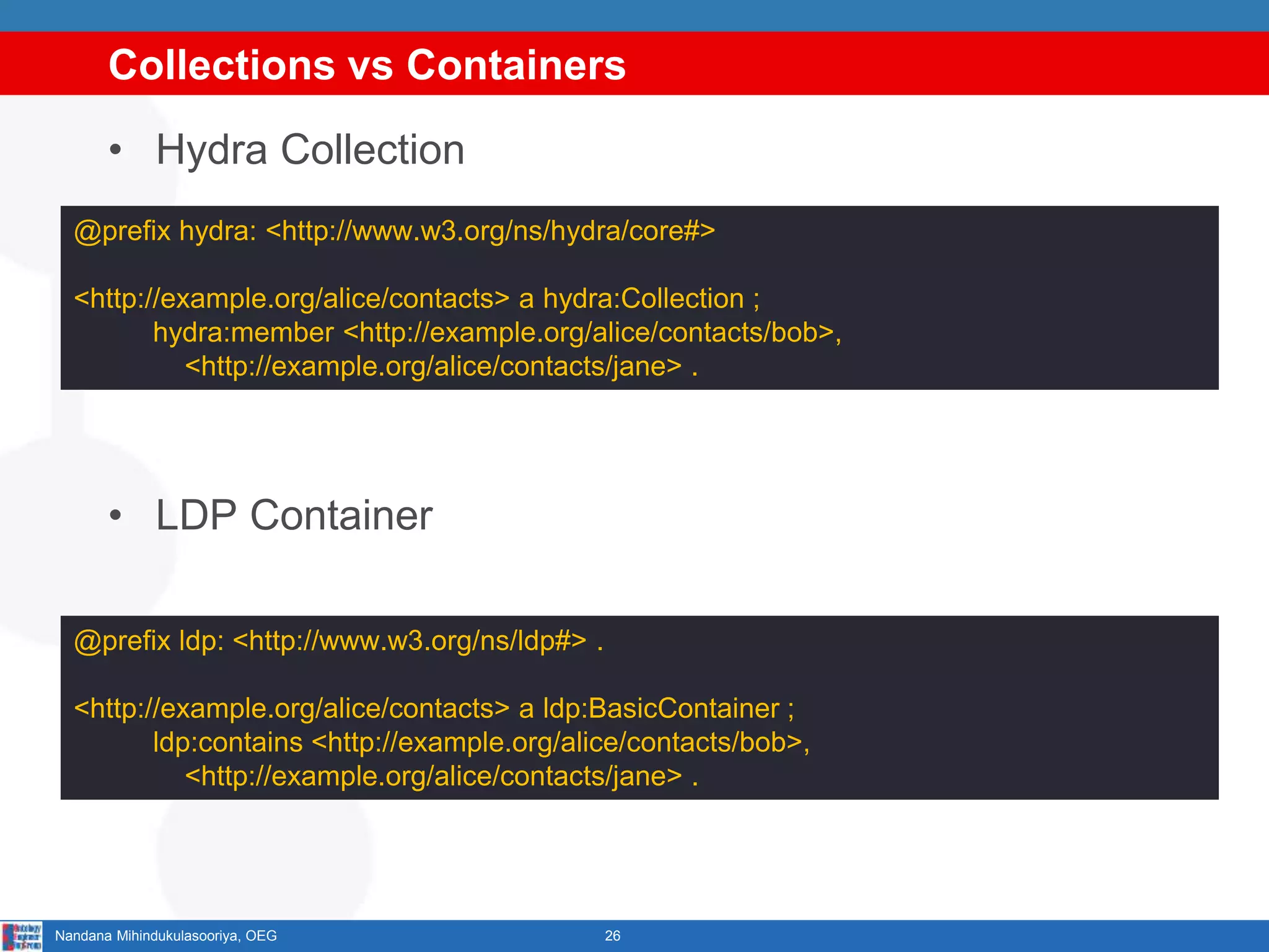 Collections vs Containers
26Nandana Mihindukulasooriya, OEG
@prefix hydra: <http://www.w3.org/ns/hydra/core#>
<http://example.org/alice/contacts> a hydra:Collection ;
hydra:member <http://example.org/alice/contacts/bob>,
<http://example.org/alice/contacts/jane> .
• Hydra Collection
• LDP Container
@prefix ldp: <http://www.w3.org/ns/ldp#> .
<http://example.org/alice/contacts> a ldp:BasicContainer ;
ldp:contains <http://example.org/alice/contacts/bob>,
<http://example.org/alice/contacts/jane> .
 