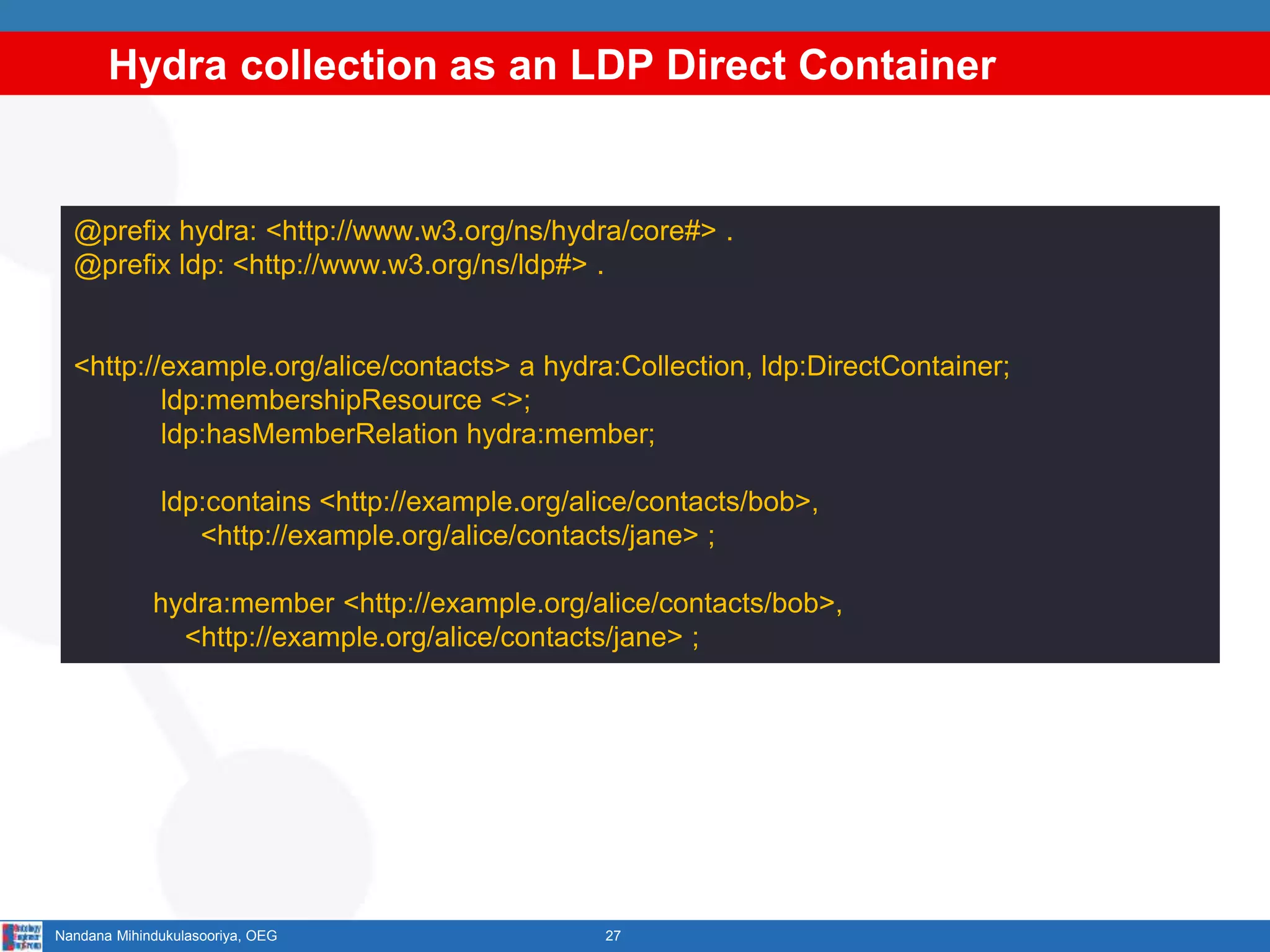 Hydra collection as an LDP Direct Container
27Nandana Mihindukulasooriya, OEG
@prefix hydra: <http://www.w3.org/ns/hydra/core#> .
@prefix ldp: <http://www.w3.org/ns/ldp#> .
<http://example.org/alice/contacts> a hydra:Collection, ldp:DirectContainer;
ldp:membershipResource <>;
ldp:hasMemberRelation hydra:member;
ldp:contains <http://example.org/alice/contacts/bob>,
<http://example.org/alice/contacts/jane> ;
hydra:member <http://example.org/alice/contacts/bob>,
<http://example.org/alice/contacts/jane> ;
 