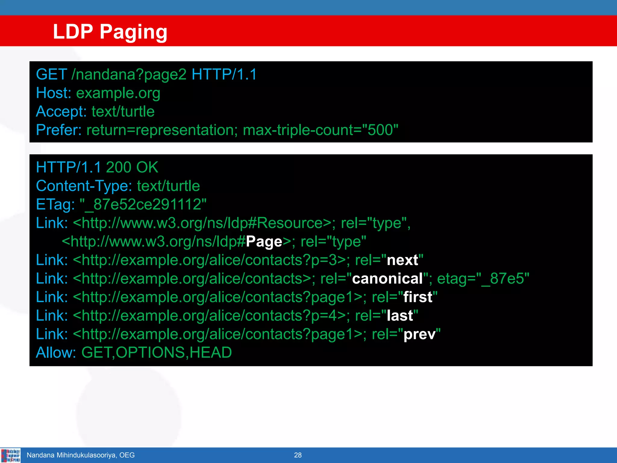 LDP Paging
28Nandana Mihindukulasooriya, OEG
GET /nandana?page2 HTTP/1.1
Host: example.org
Accept: text/turtle
Prefer: return=representation; max-triple-count="500"
HTTP/1.1 200 OK
Content-Type: text/turtle
ETag: "_87e52ce291112"
Link: <http://www.w3.org/ns/ldp#Resource>; rel="type",
<http://www.w3.org/ns/ldp#Page>; rel="type"
Link: <http://example.org/alice/contacts?p=3>; rel="next"
Link: <http://example.org/alice/contacts>; rel="canonical"; etag="_87e5"
Link: <http://example.org/alice/contacts?page1>; rel="first"
Link: <http://example.org/alice/contacts?p=4>; rel="last"
Link: <http://example.org/alice/contacts?page1>; rel="prev"
Allow: GET,OPTIONS,HEAD
 