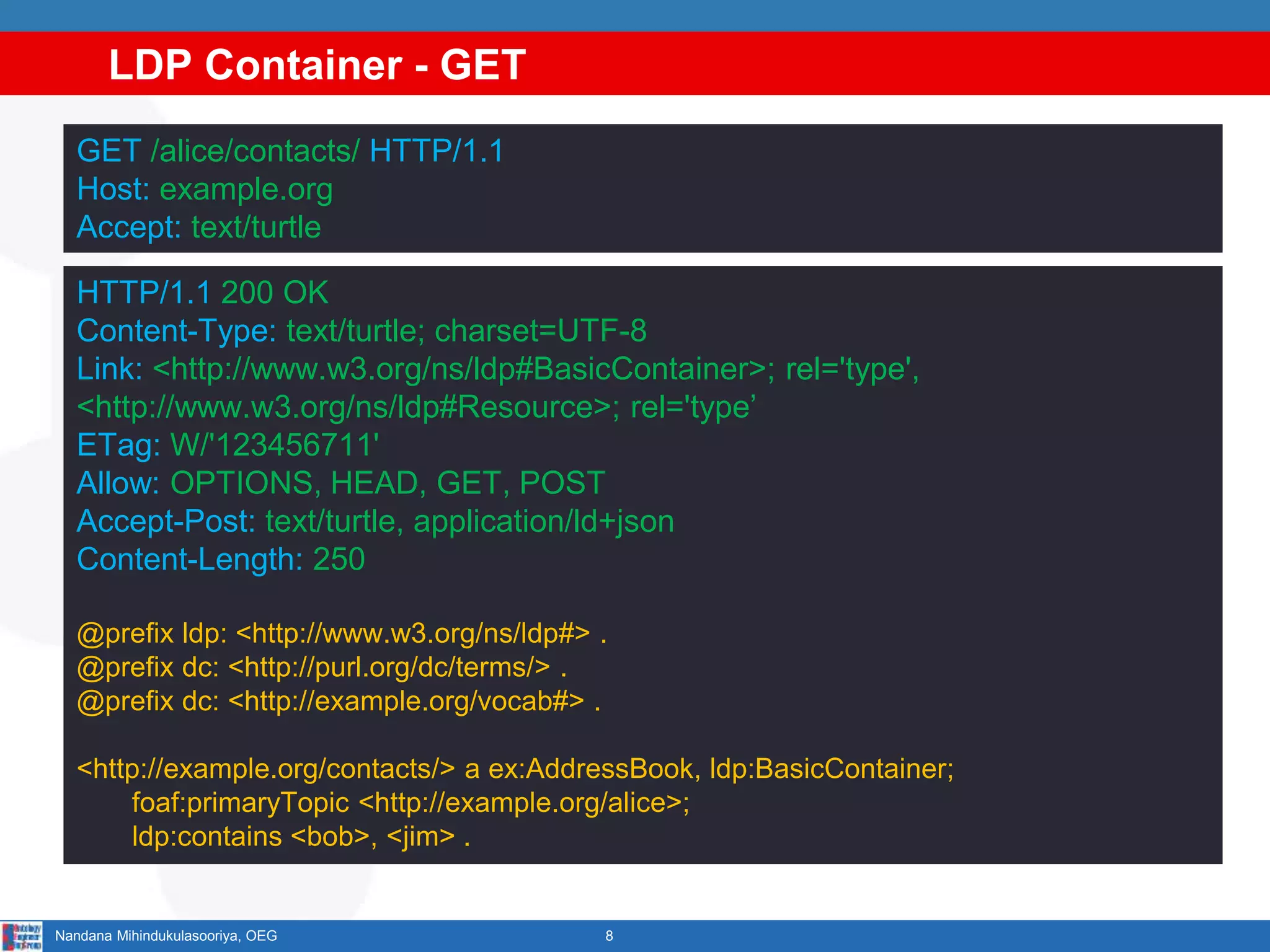 LDP Container - GET
8Nandana Mihindukulasooriya, OEG
GET /alice/contacts/ HTTP/1.1
Host: example.org
Accept: text/turtle
HTTP/1.1 200 OK
Content-Type: text/turtle; charset=UTF-8
Link: <http://www.w3.org/ns/ldp#BasicContainer>; rel='type',
<http://www.w3.org/ns/ldp#Resource>; rel='type’
ETag: W/'123456711'
Allow: OPTIONS, HEAD, GET, POST
Accept-Post: text/turtle, application/ld+json
Content-Length: 250
@prefix ldp: <http://www.w3.org/ns/ldp#> .
@prefix dc: <http://purl.org/dc/terms/> .
@prefix dc: <http://example.org/vocab#> .
<http://example.org/contacts/> a ex:AddressBook, ldp:BasicContainer;
foaf:primaryTopic <http://example.org/alice>;
ldp:contains <bob>, <jim> .
 