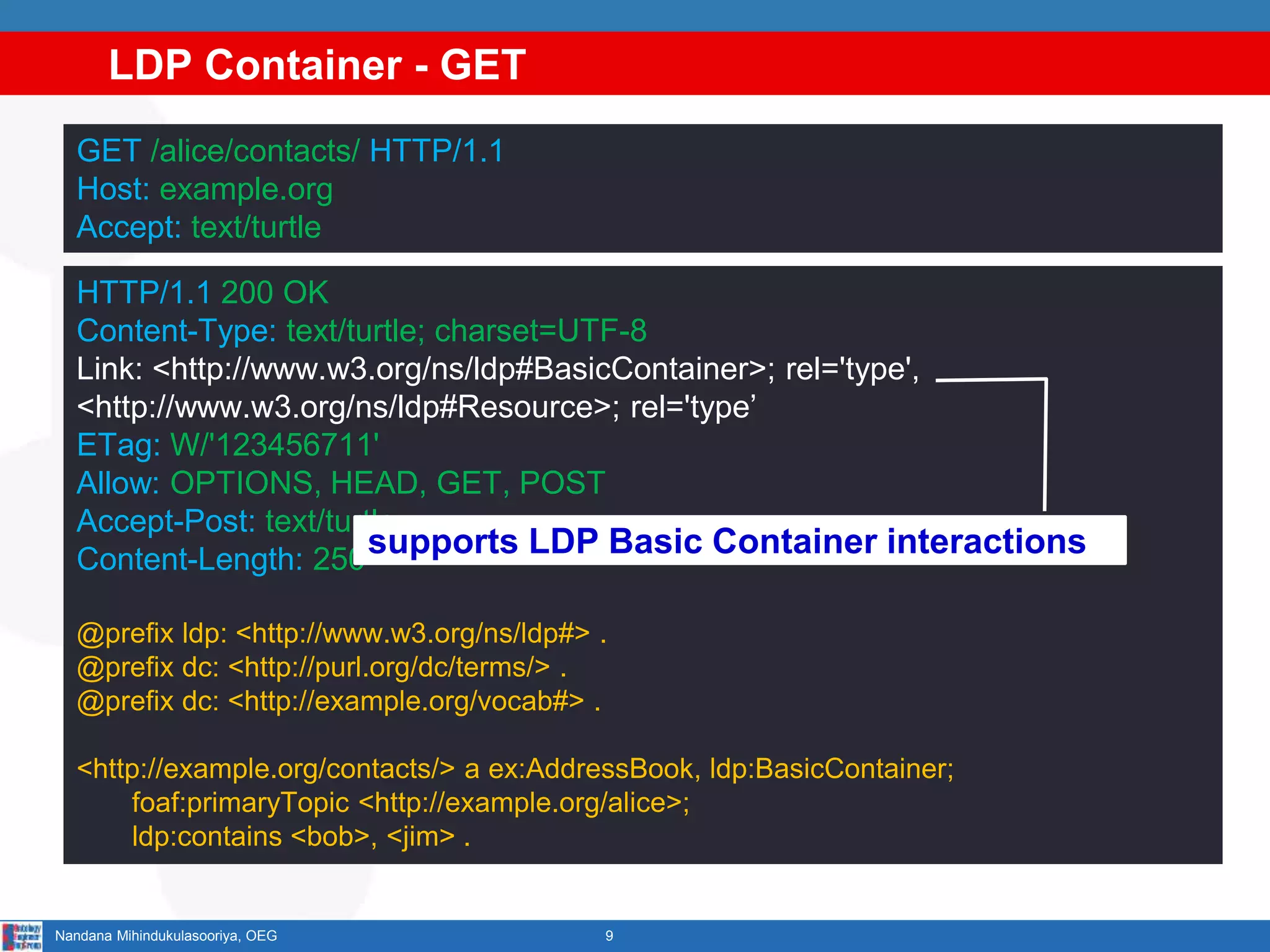 LDP Container - GET
9Nandana Mihindukulasooriya, OEG
GET /alice/contacts/ HTTP/1.1
Host: example.org
Accept: text/turtle
HTTP/1.1 200 OK
Content-Type: text/turtle; charset=UTF-8
Link: <http://www.w3.org/ns/ldp#BasicContainer>; rel='type',
<http://www.w3.org/ns/ldp#Resource>; rel='type’
ETag: W/'123456711'
Allow: OPTIONS, HEAD, GET, POST
Accept-Post: text/turtle
Content-Length: 250
@prefix ldp: <http://www.w3.org/ns/ldp#> .
@prefix dc: <http://purl.org/dc/terms/> .
@prefix dc: <http://example.org/vocab#> .
<http://example.org/contacts/> a ex:AddressBook, ldp:BasicContainer;
foaf:primaryTopic <http://example.org/alice>;
ldp:contains <bob>, <jim> .
supports LDP Basic Container interactions
 