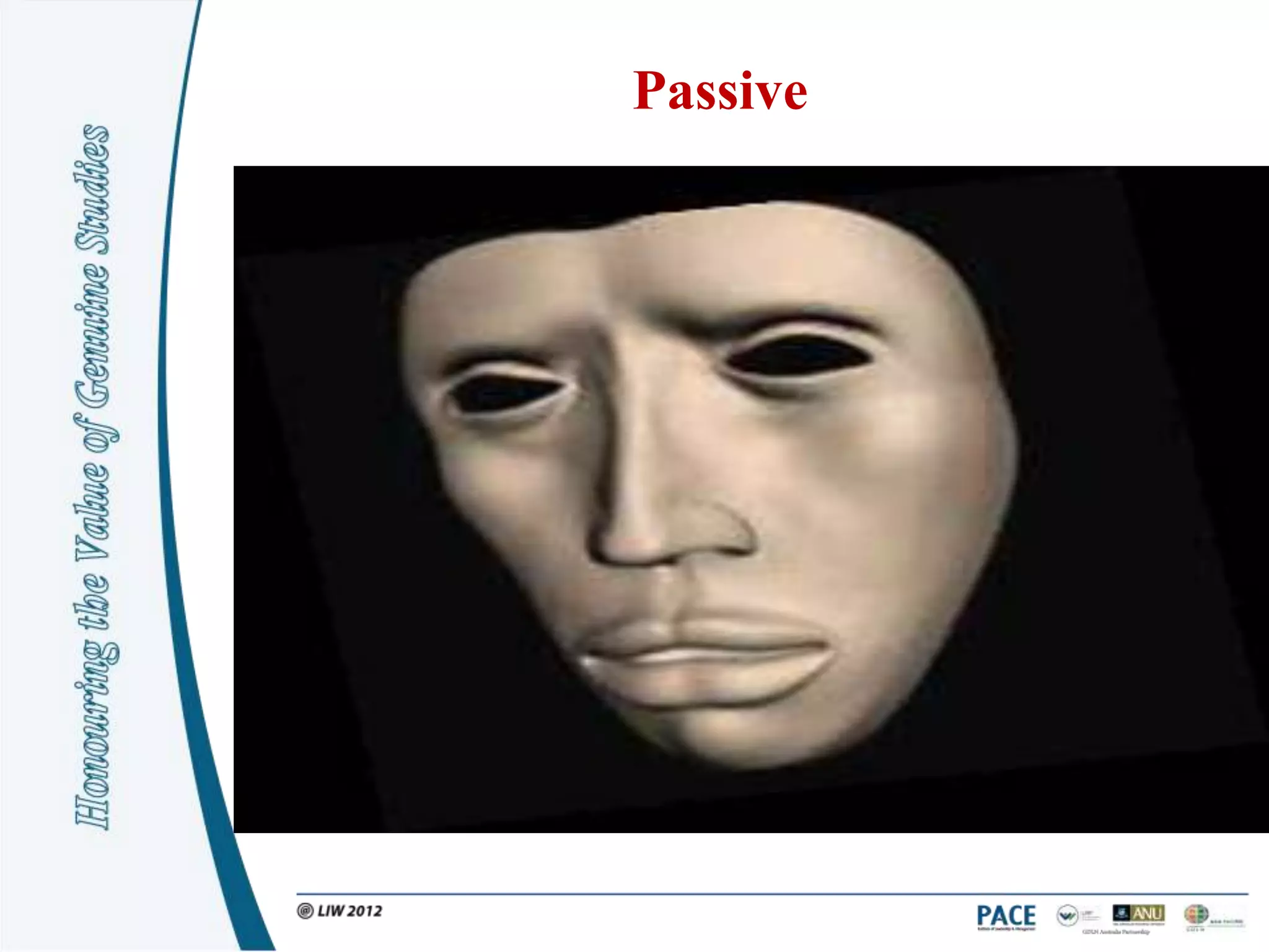Passive

Passive behaviour is:

Believing that one‟s own needs, opinions, thoughts
and feelings are less important than others, and
deferring to the thoughts and needs of others.


Passive behaviour ranges from saying yes when we
really want to say no, through not or sharing in
team discussions to sulking and isolation.
 
