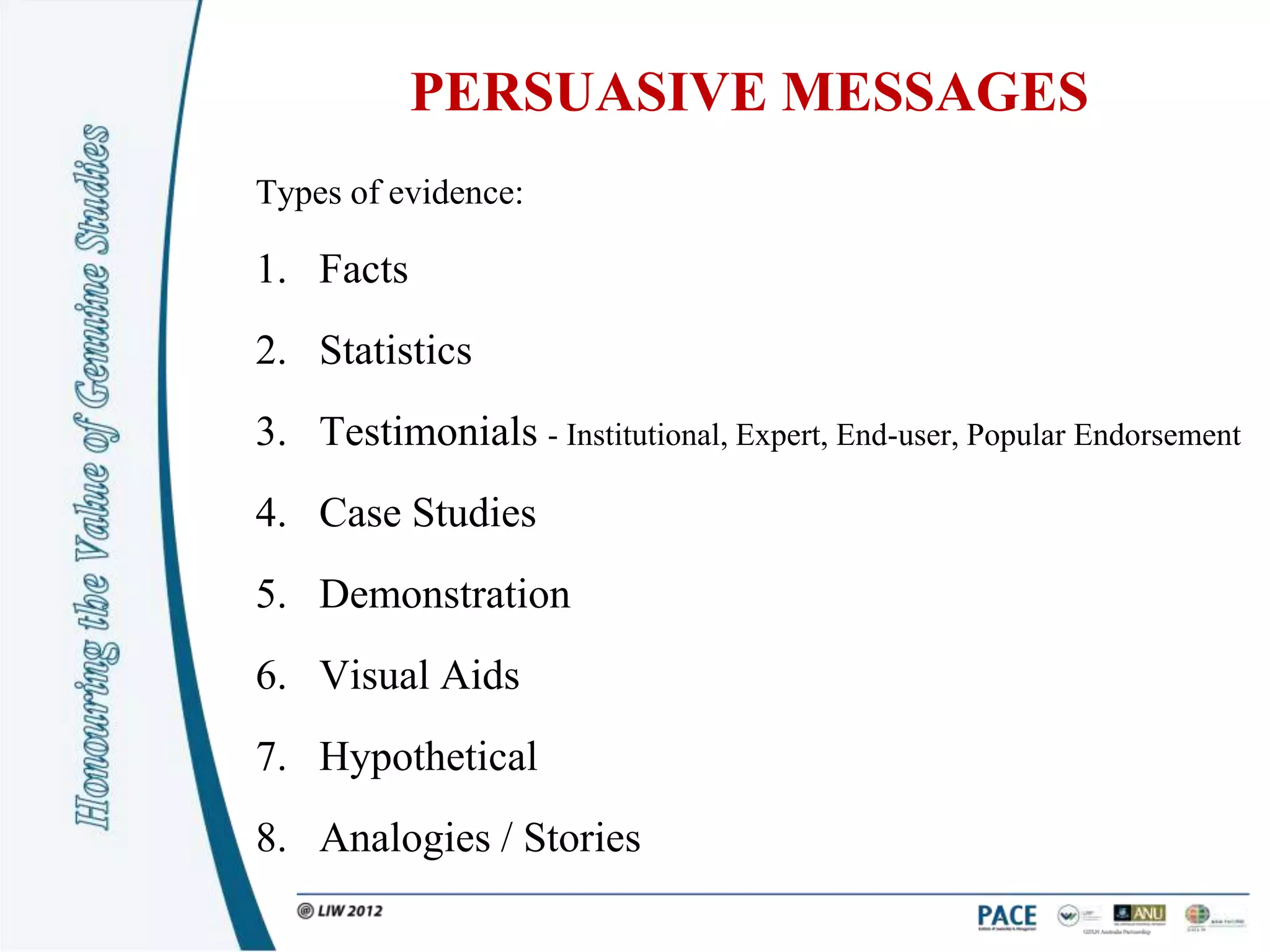 PERSUASIVE MESSAGES
Types of evidence:

1. Facts
2. Statistics
3. Testimonials - Institutional, Expert, End-user, Popular Endorsement
4. Case Studies
5. Demonstration
6. Visual Aids
7. Hypothetical
8. Analogies / Stories
 