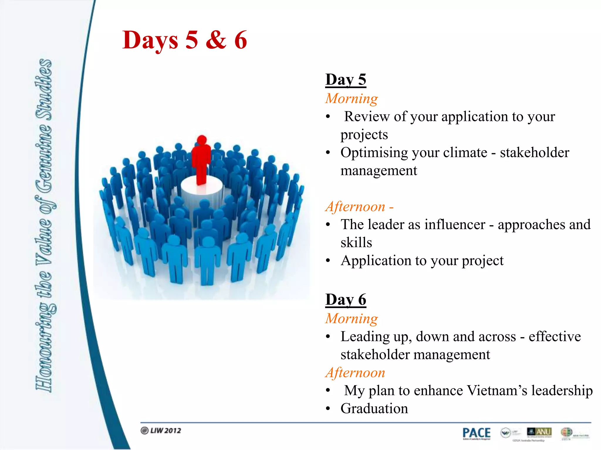 Days 5 & 6
             Day 5
             Morning
             • Review of your application to your
               projects
             • Optimising your climate - stakeholder
               management

             Afternoon -
             • The leader as influencer - approaches and
               skills
             • Application to your project

             Day 6
             Morning
             • Leading up, down and across - effective
               stakeholder management
             Afternoon
             • My plan to enhance Vietnam‟s leadership
             • Graduation
 