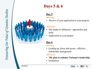 Days 5 & 6
 Day 5
 Morning
 • Review of your application to your projects

 Afternoon -
 • The leader as influencer - approaches and
   skills
 • Application to your project

 Day 6
 Morning
 • Leading up, down and across - effective
   stakeholder management
 Afternoon
 • My plan to enhance Vietnam’s leadership
 • Graduation
 