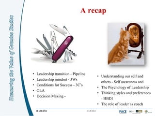 A recap




•   Leadership transition - Pipeline
                                                    • Understanding our self and
•   Leadership mindset - 3Ws
                                                      others - Self awareness and
•   Conditions for Success - 3C‟s
                                                    • The Psychology of Leadership
•   OLA
                                                    • Thinking styles and preferences
•   Decision Making -
                                                      - HBDI
                                                    • The role of leader as coach
                                       © LIW 2012
 