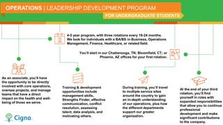 4-5 year program, with three rotations every 18-24 months.
We look for individuals with a BA/BS in Business, Operations
Management, Finance, Healthcare, or related field.
You’ll start in our Chattanooga, TN; Bloomfield, CT; or
Phoenix, AZ offices for your first rotation.
OPERATIONS | LEADERSHIP DEVELOPMENT PROGRAM
FOR UNDERGRADUATE STUDENTS
As an associate, you’ll have
the opportunity to be directly
involved with core operations,
oversee projects, and manage
teams that have a direct
impact on the health and well-
being of those we serve.
Training & development
opportunities include
management skills,
Strengths Finder, effective
communication, conflict
resolution, assessing
talent, data analysis, and
motivating others.
During training, you’ll travel
to multiple service sites
around the country to gain
an in-depth understanding
of our operations, plus how
the different departments
support our greater
organization.
At the end of your third
rotation, you’ll find
yourself in roles with
expanded responsibilities
that allow you to continue
professional
development and make
significant contributions
to the company.
 