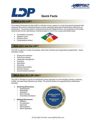 Quick Facts
   What is the LDP?
The Leading Dimensions Profile (LDP) is a 95-item survey, based on a multi-dimensional framework that
measures two primary motivational factors and ten supporting behavioral characteristics (referred to as
dimensions). The primary factors, Achievement Drive and Relational Drive, are presented on the widely-
used 2x2 grid format, describing an individual based on one of four unique personality styles:

       Consultative Counselor
       Adaptive Coach
       Directive Driver
       Contemplative Advisor


   How can I use the LDP?
The LDP is used for a variety of purposes, within both individual and organizational applications. Some
examples include:

       Employment selection
       Sales force training
       Leadership development
       Coaching
       Workshops
       Recruiting
       Relationship-building
       Diversity training
       Communication seminars


   What does the LDP offer?
The LDP is intended to convey an individual's primary approach to communicating, learning, resolving
conflict, and exercising influence over others. The primary factors are supported by ten dimensions,
including:

       Achieving Dimensions:
        o Assertiveness
        o Adaptability
        o Perception
        o Work Intensity
        o Uncertainty Avoidance

       Relating Dimensions:
        o Affiliation
        o Consideration
        o Openness
        o Self-protection
        o Status Motivation




                             © 2011 Right Fit Profiles www.rightfitprofiles.com
 