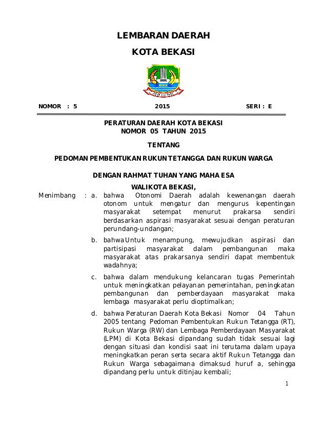 lembaran daerah kota bekasi perda no 05 tahun 2015 tentang pedoman pembentukan rukun tetangga dan rukun warga 1 638